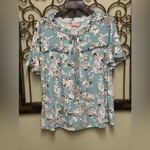 Amana floral short ruffle sleeve tie front ruffle neck blouse